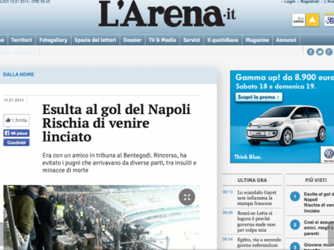 Nell’immagine l’articolo riportato da L’Arena.it sull’aggressione al tifoso naopoletano durante Verona-Napoli